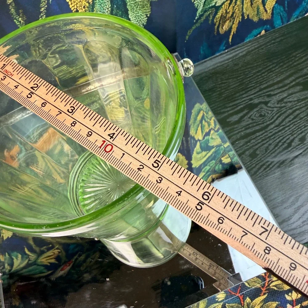 Vintage Green Uranium Glass Ice Bucket Paneled Vaseline Glass Glows UV 6 Inch